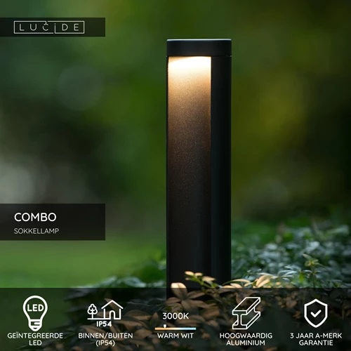 Lucide COMBO - Sokkellamp - Ø 9 cm - LED - 1x9W 3000K - IP54 - Zwart - USP